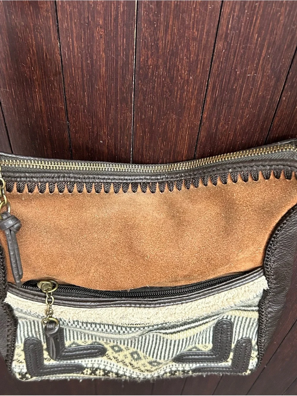 The Sak Leather Suede Crossbody Bag Boho Woven Striped Pocket Brown